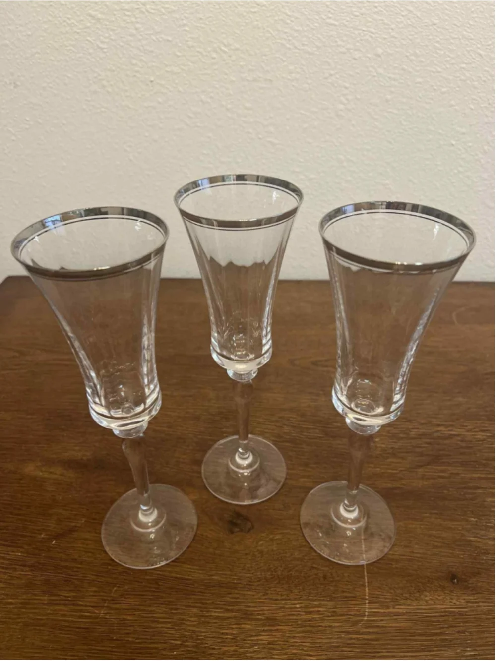 Vintage Silver Rim Crystal Champagne Flutes Set of 3 Elegant Tall Stem Glasses